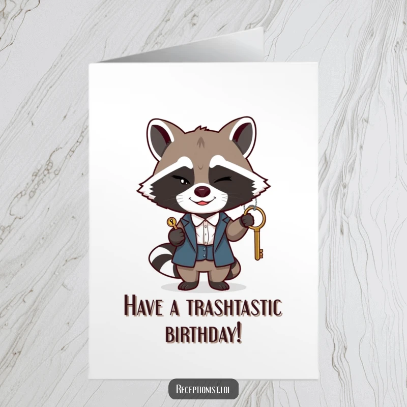 Funny Free Printable Birthday Card: A winking raccoon receptionist slyly passes a single, important key with a mischievous smile.