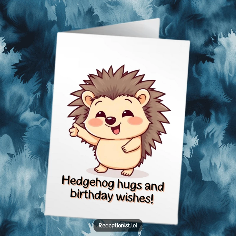 Funny Free Printable Birthday Card featuring a giggling hedgehog in a uniform, friendly pointing gesture, ready to guide.