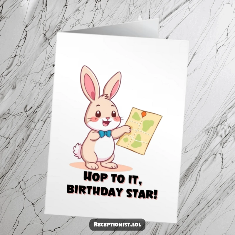 Funny Free Printable Birthday Card: Playful bunny pointing at map with helpful gesture, a guiding and humorous DIY gift.