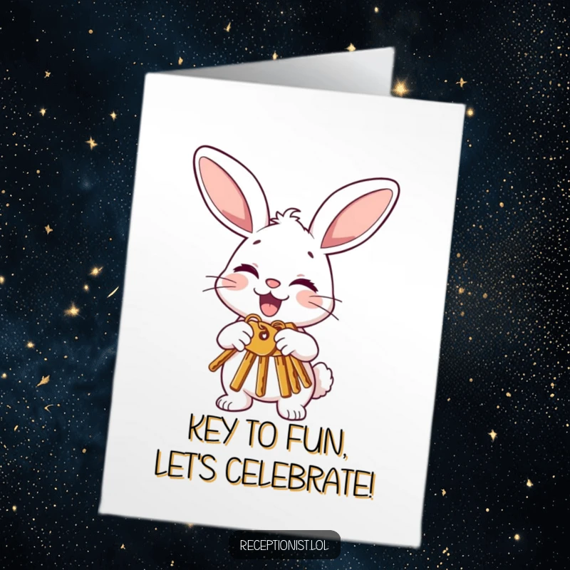 Free Printable Birthday Card: A joyful bunny offering house or car keys with a polite nod and a mischievous wink.