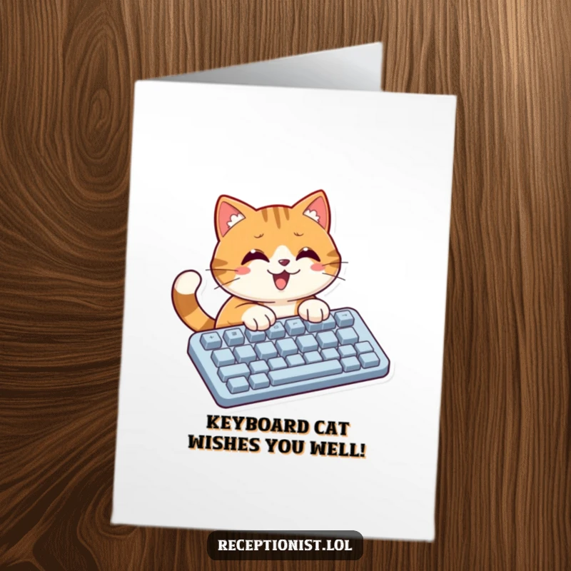 Funny Free Printable Birthday Card: A cat typing furiously on a giant keyboard, expressing intense focus and birthday cheer.