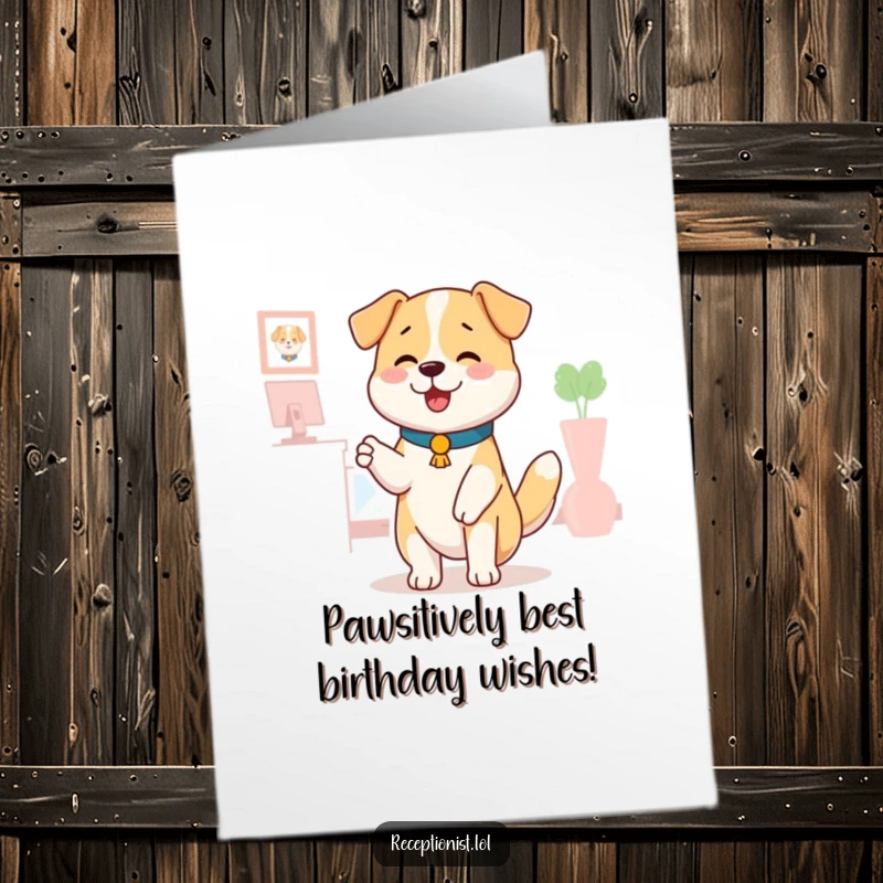 Funny Free Printable Birthday Card: A happy dog receptionist wags its tail, offering a comforting pat to the birthday recipient.
