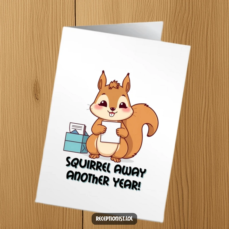 Funny Free Printable Birthday Card: Diligent squirrel sorting mail with a satisfied grin, celebrating with birthday wishes.
