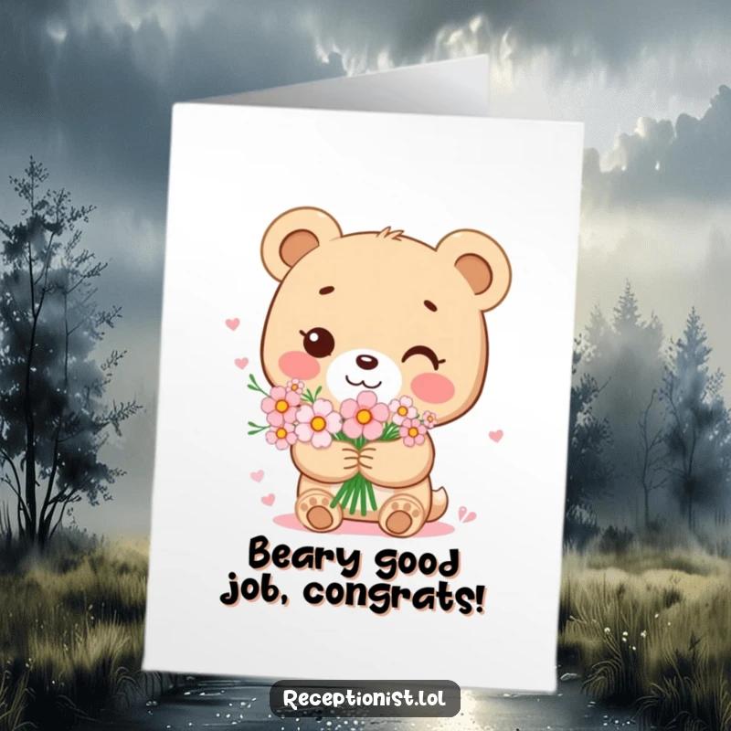 Free Printable Congratulations Card: A sweet bear cub holding a bouquet of flowers, celebrating an achievement.