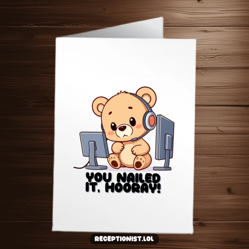 Funny Free Printable Congratulations Card: A curious bear cub in a headset, pointing at a screen, celebrating success.