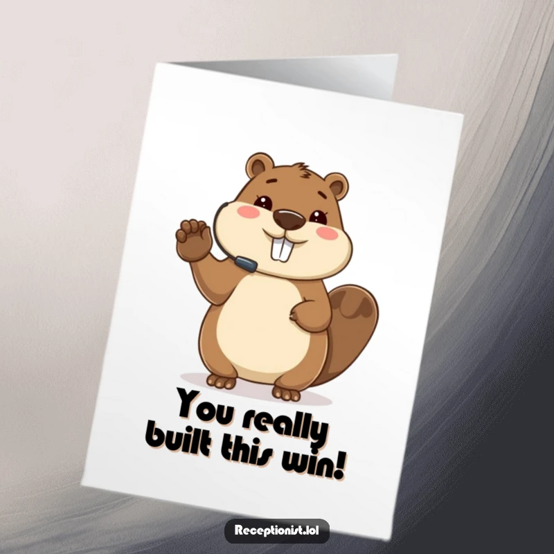 Funny Free Printable Beaver Congratulations Card: A busy beaver wearing a headset, efficiently directing guests with a paw, celebrating a successful event.