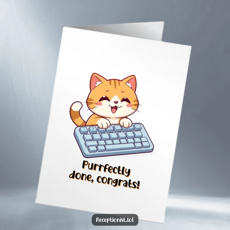 Funny Free Printable Congratulations Card: A focused cat typing rapidly on an oversized keyboard, celebrating achievements with humor.