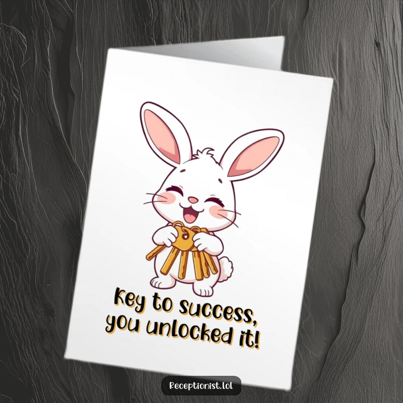Free Printable Congratulations Card: A joyful bunny offering keys with a nod and a wink, celebrating a new home.