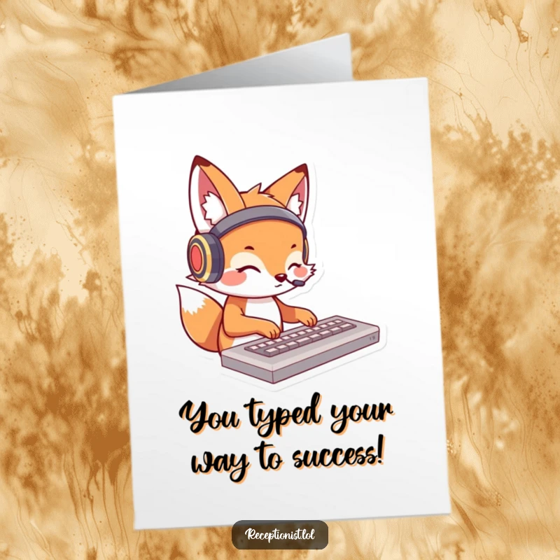 Funny Free Printable Congrats Card: Charming fox with headphones types rapidly on a keyboard, celebrating success.