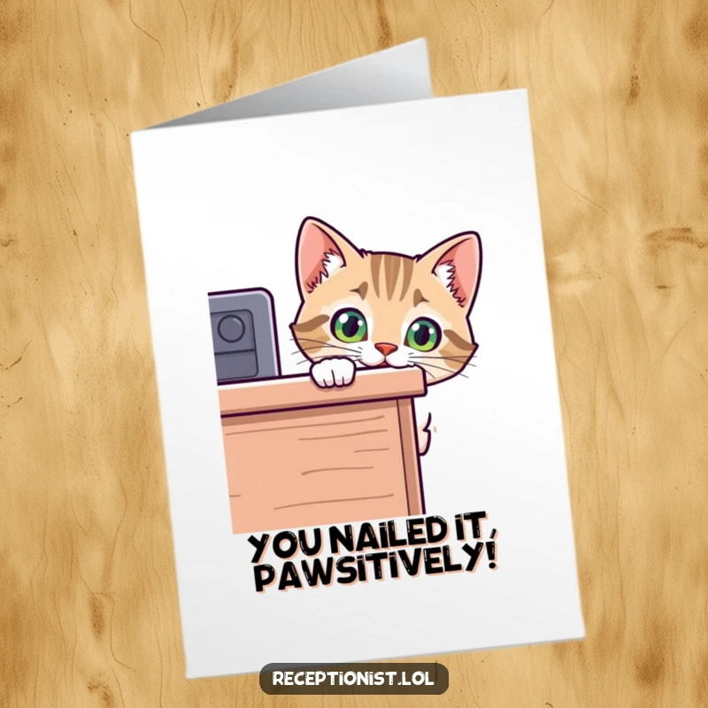 Funny Free Printable Congratulations Card showing a curious cat peeking around a desk, celebrating achievements with a playful surprise.