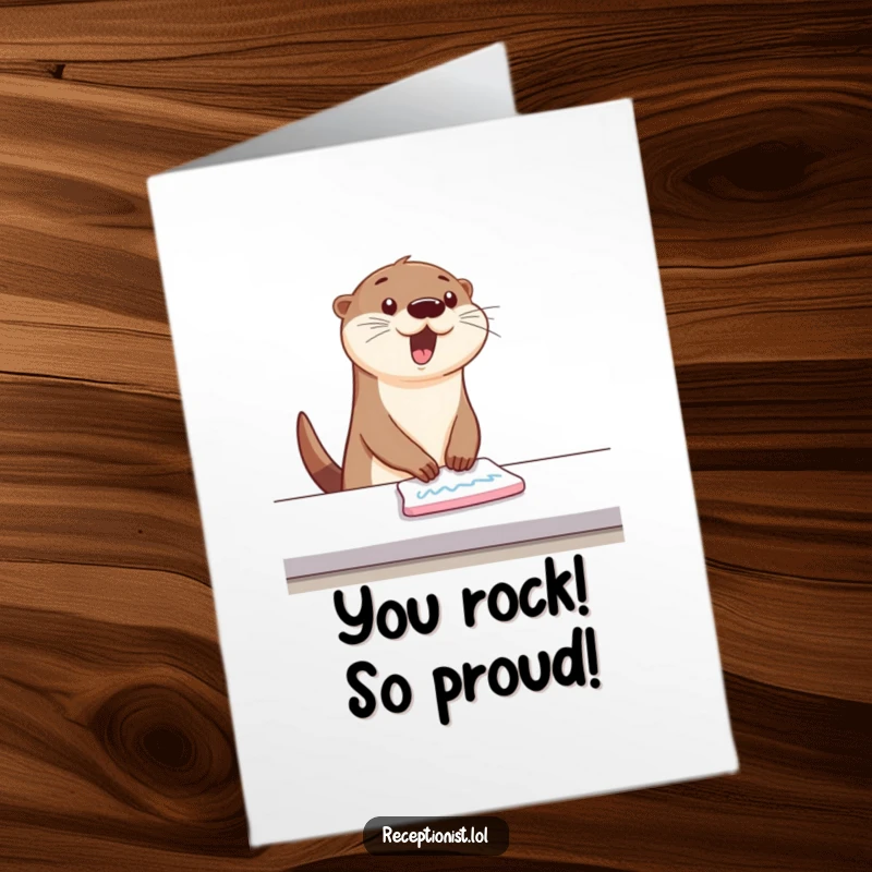 Funny Free Printable Congratulations Card: Bouncing otter wiping counter with happy swipes, celebrating achievements humorously.