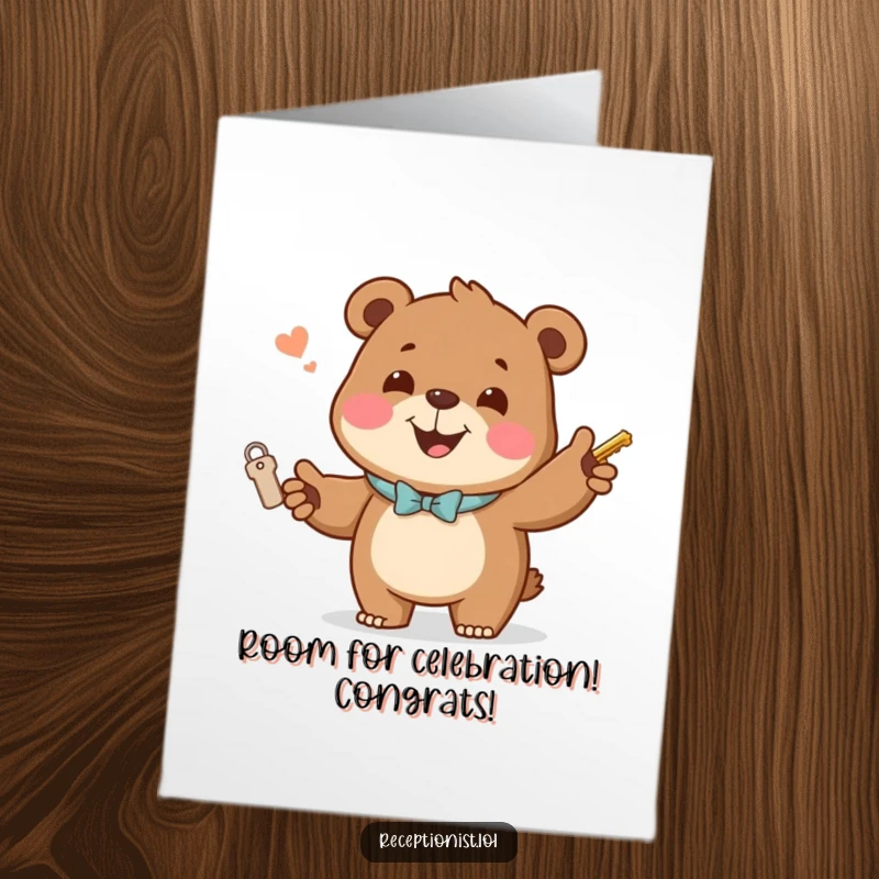 Funny Free Printable Congratulations Card: Jovial bear handing out room keys with a welcoming smile, celebrating achievements.