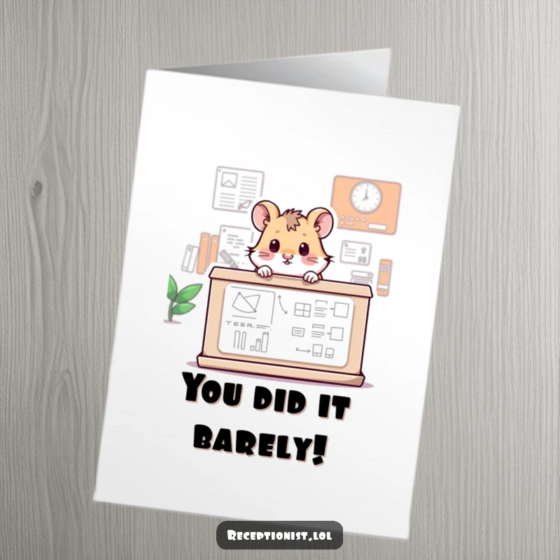 Funny Free Printable Congratulations Card: Tiny hamster peeking over an info desk, celebrating a big win, a cute downloadable.
