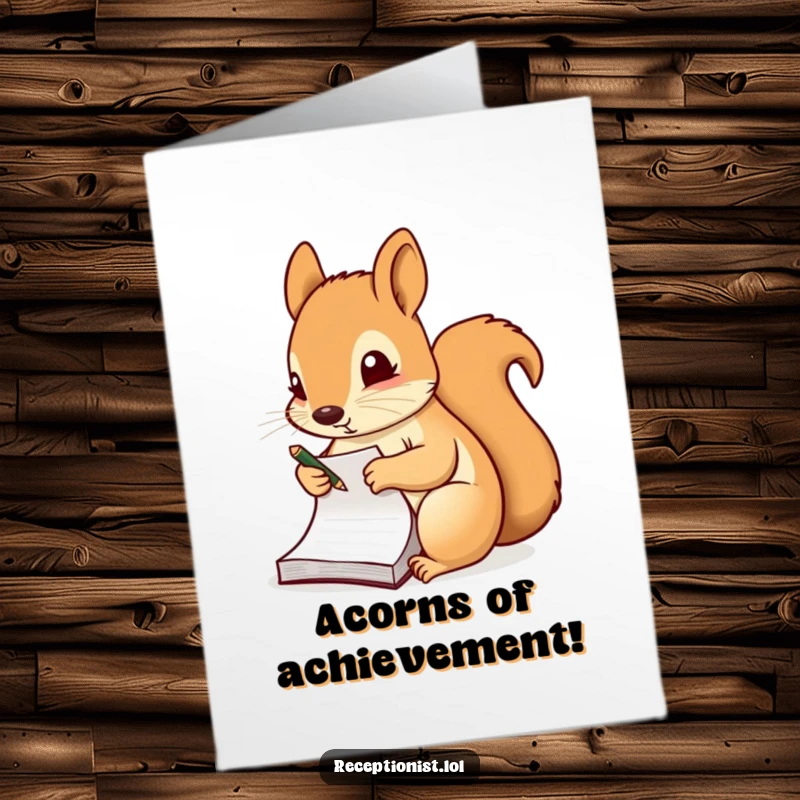 Funny Free Printable Congratulations Card: Diligent squirrel taking notes on a notepad, celebrating a success they wrote down, a downloadable delight.