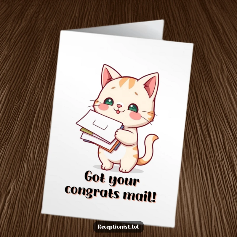 Funny Free Printable Congratulations Card with a playful cat curiously eyeing a stack of letters it's holding.