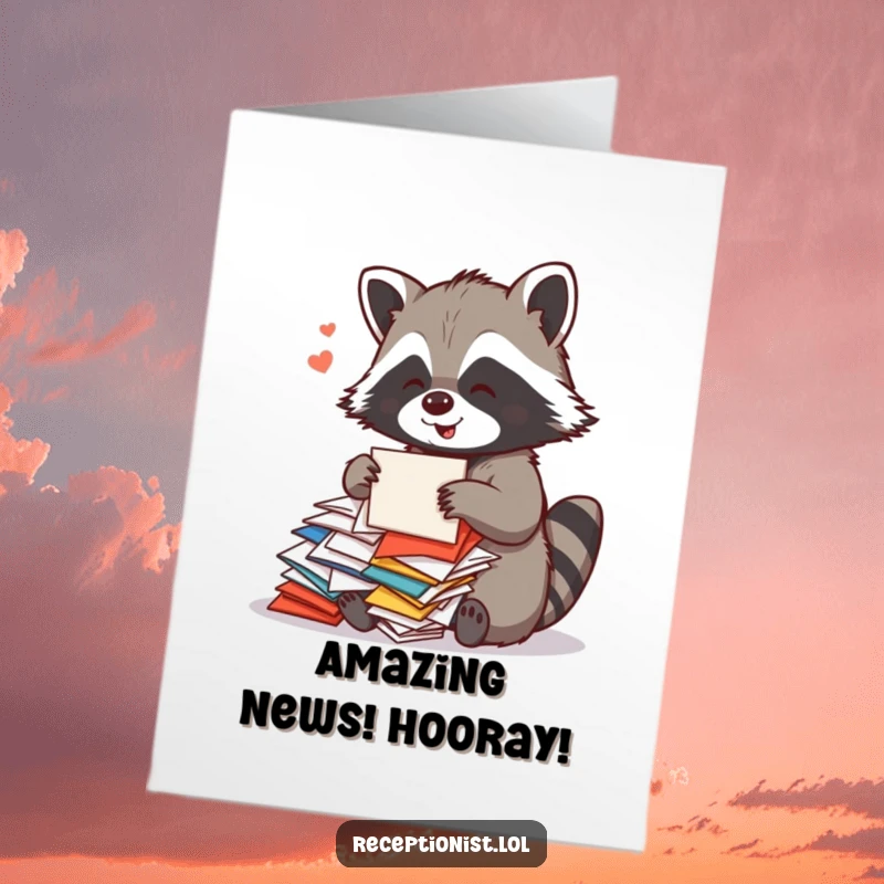 Funny Free Printable Congrats Card: A playful raccoon sorts colorful mail with a cheerful hum, delivering congratulations.