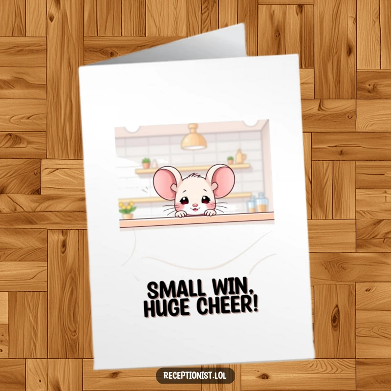 Funny Free Printable Congratulations Card: Tiny mouse peeking over a counter, ready to celebrate with a friendly glimmer.