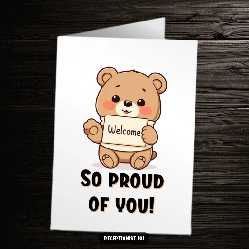 Funny Free Printable Congratulations Card: Friendly bear in a smock offering a pamphlet with a paw