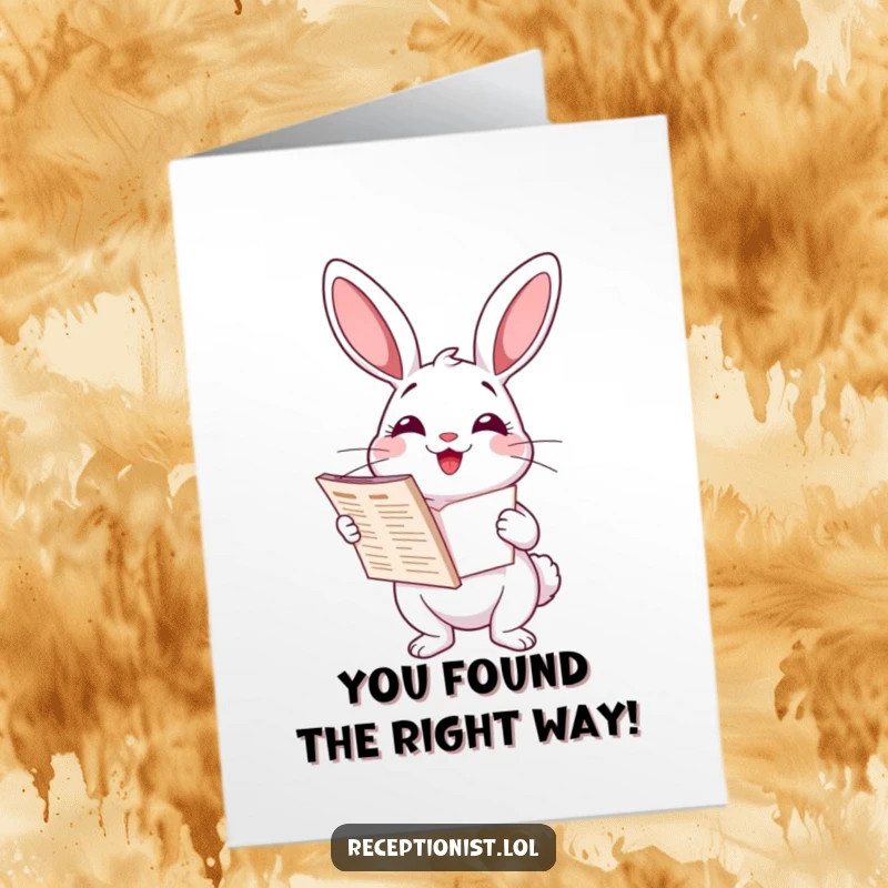 Funny Free Printable Congratulations Card: Delighted cartoon rabbit holding a directory, beaming with pride and helpfulness.