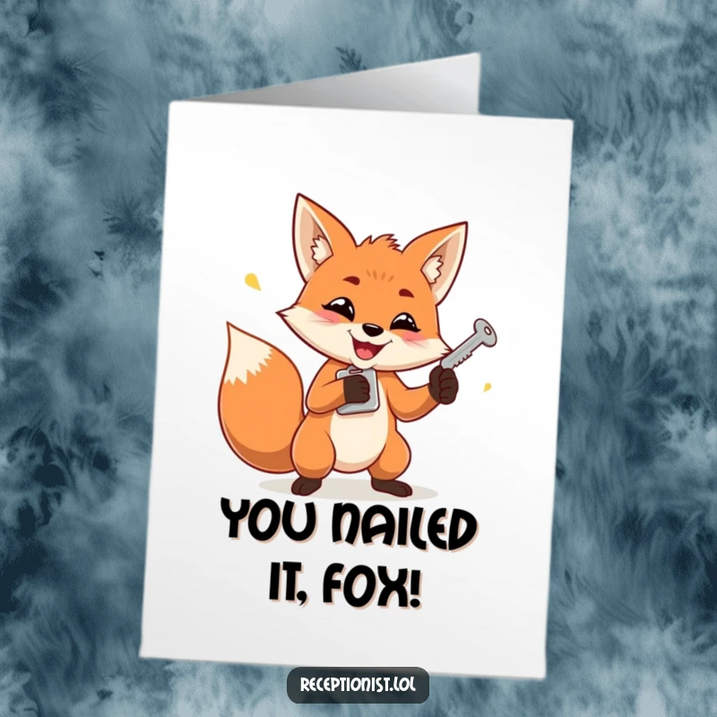 Funny free printable congratulations card featuring a fox determinedly juggling keys with a mischievous smile.
