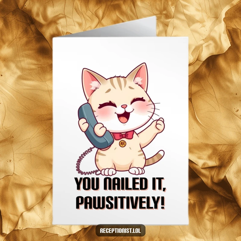 Funny Free Printable Congratulations Card: Giggling cat receptionist winks, holding phone, celebrating your success with a smile.