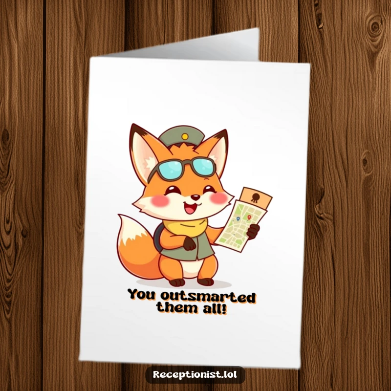 Funny Free Printable Congratulations Card: Playful fox receptionist grins, offering a map to celebrate your amazing achievement.
