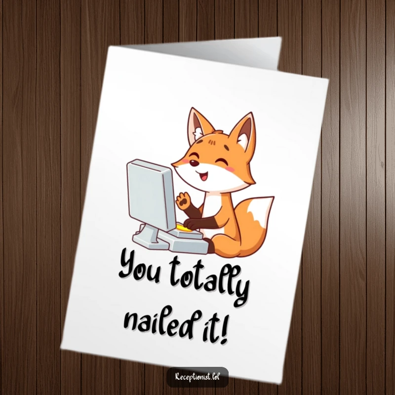 Funny Free Printable Congratulations Card: Excited cartoon fox typing furiously, celebrating a big win with a digital high-five.