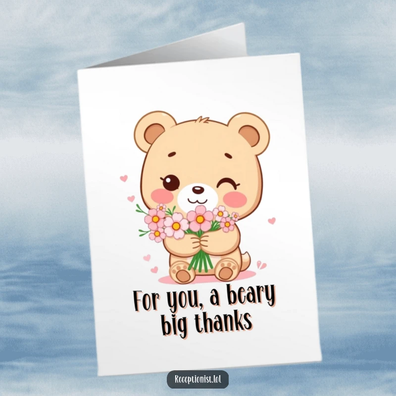 Free Printable Thank You Card: A sweet bear cub holding a bouquet of flowers with a gentle smile, expressing thanks.