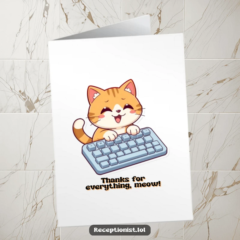 Funny Free Printable Thank You Card: A happy cat intensely typing on a huge keyboard, expressing thanks with humor.