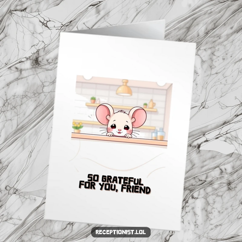 Funny Free Printable Thank You Card: Tiny mouse peeking from behind a counter, offering a friendly glimmer of thanks.