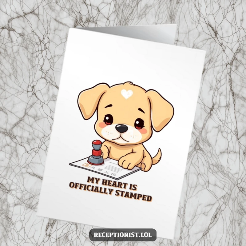 Funny Free Printable Puppy Thank You Card: Determined puppy officially stamps a document, conveying thanks with humor.