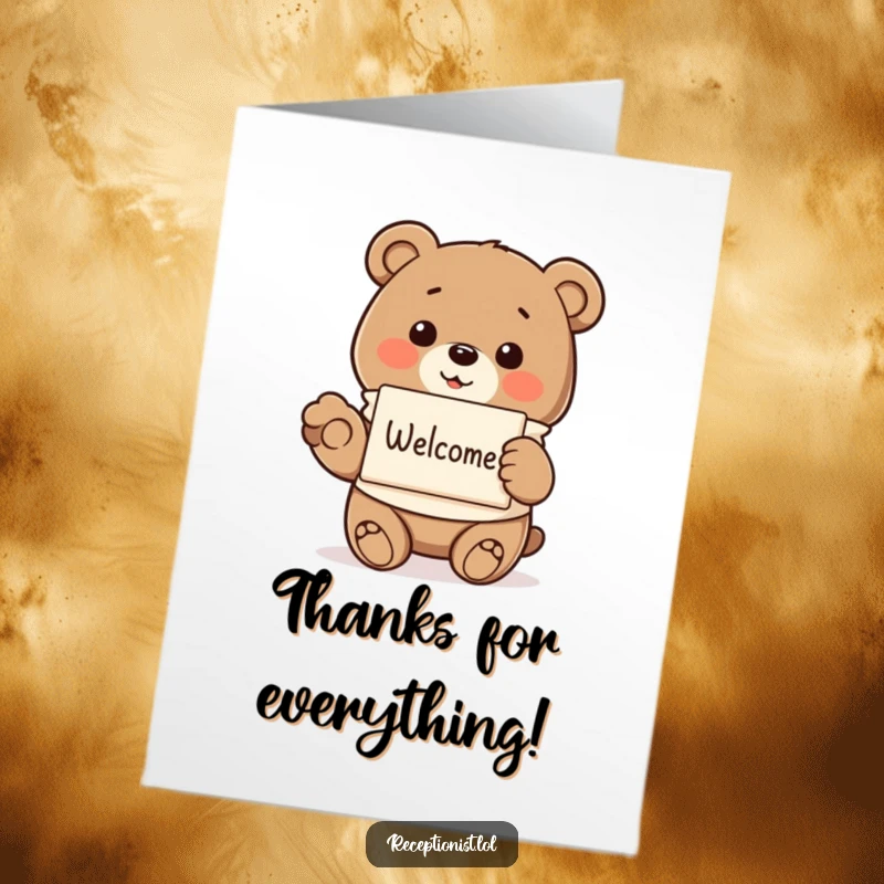 Funny Free Printable Thank You Card: Smiling bear in a smock, offering a pamphlet with a gentle paw