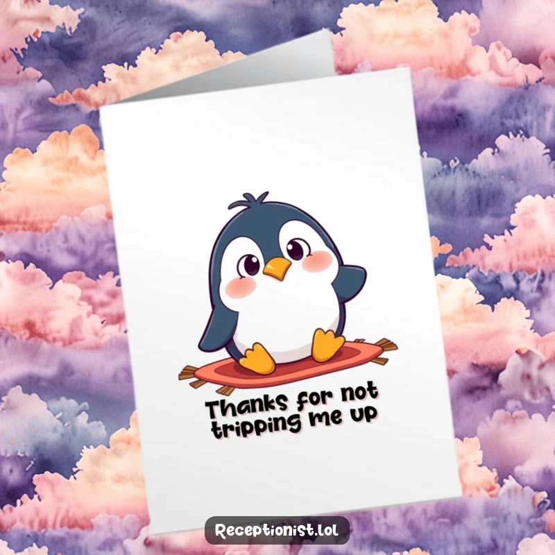 Funny Free Printable Thank You Card: Goofy penguin hilariously trips on a rug, perfect for expressing thanks.