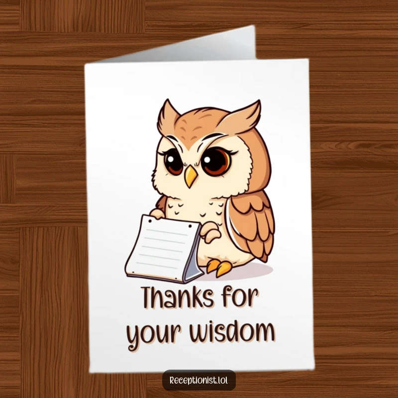Funny Free Printable Thank You Card: Thoughtful owl looking at notepad with wise expression, expressing thanks humorously.