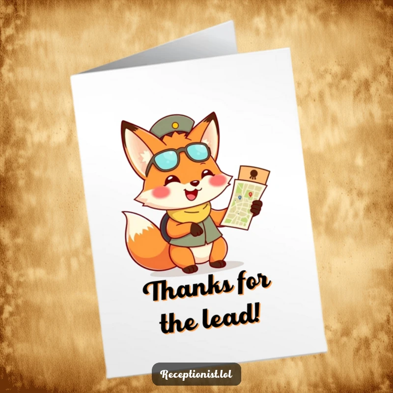 Funny Free Printable Thank You Card: Playful fox receptionist grins, handing out a map to show your thanks.