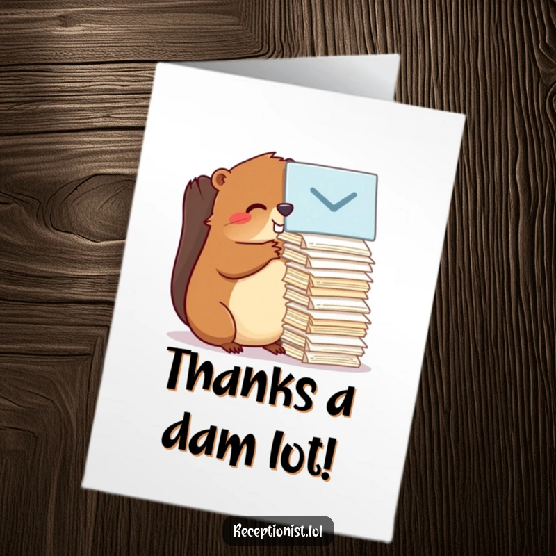 Funny Free Printable Thank You Card depicting a busy beaver meticulously organizing messages, conveying heartfelt gratitude with humor.