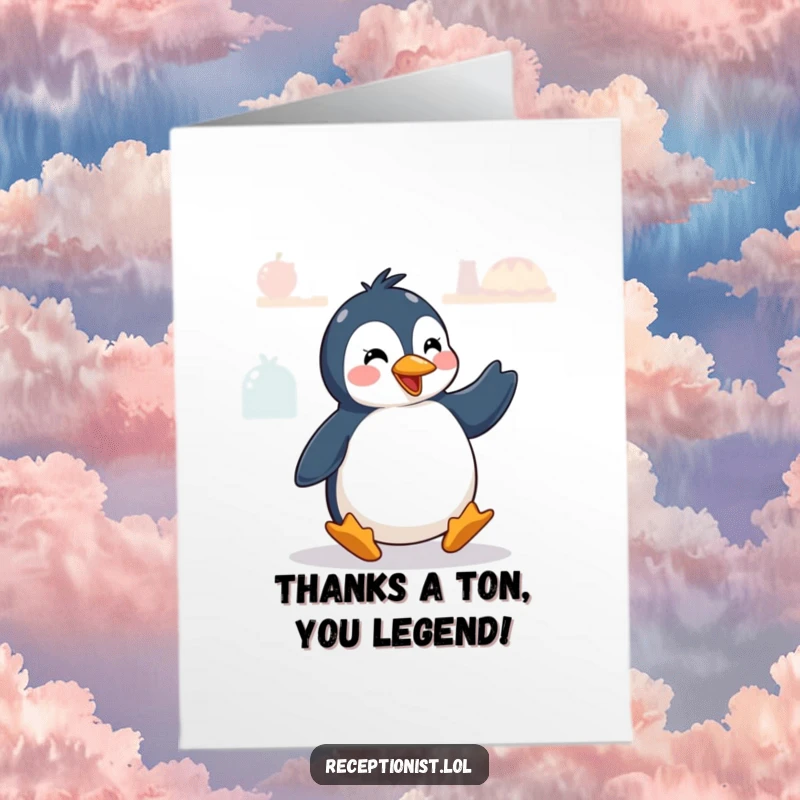 Funny Free Printable Thank You card with a playful penguin doing a quick dance of greeting, conveying thanks with a cheerful spirit.