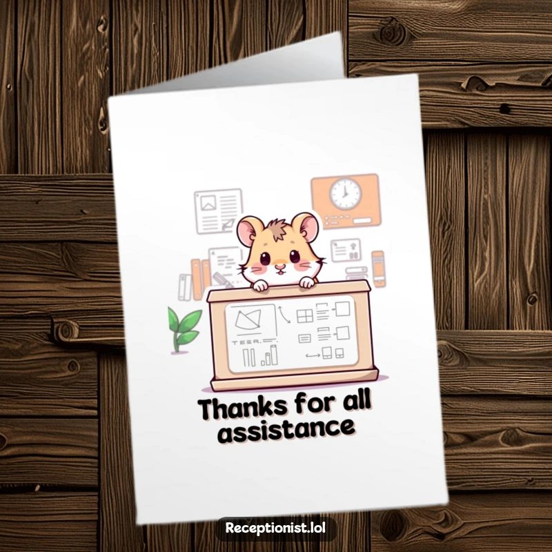 Funny Free Printable Thank You Card: Tiny hamster peeking over an info desk, expressing thanks, a cute downloadable.