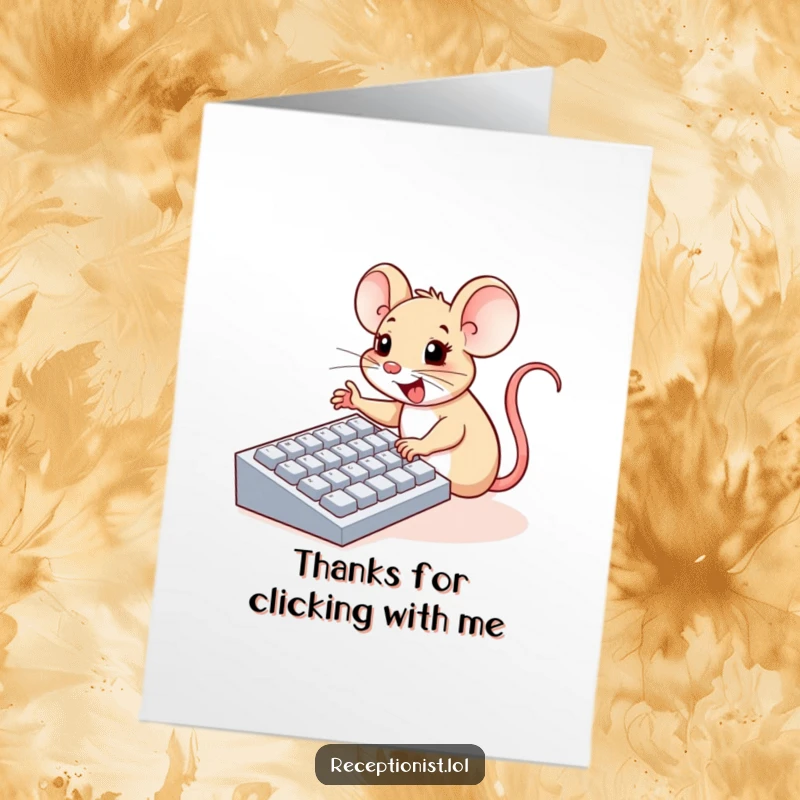 Funny Free Printable Thank You Card: Cheerful mouse typing thank you notes on a large keyboard with tiny paws.