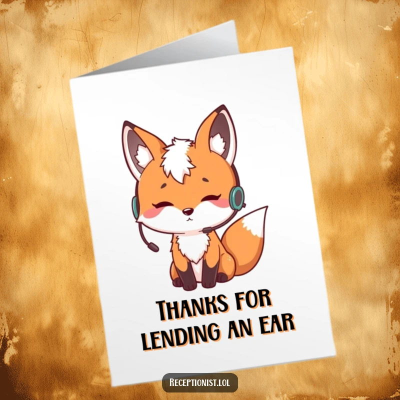 Funny Free Printable Thank You Card: Curious fox with an earpiece nodding thoughtfully, a witty and humorous DIY gift.