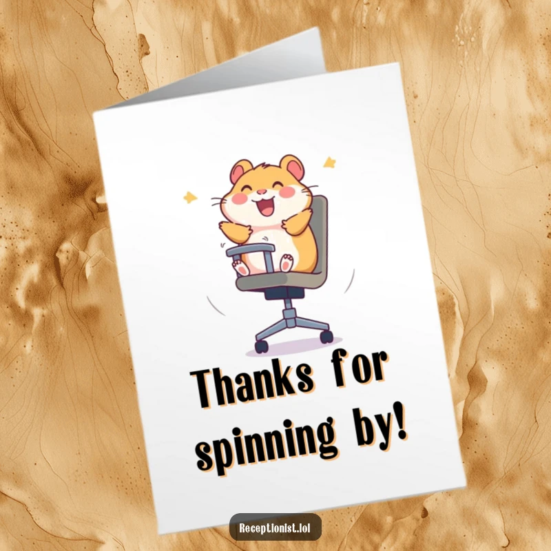 Funny Free Printable Thank You Card featuring a giggling hamster spinning around in an office chair, expressing pure, happy thanks.