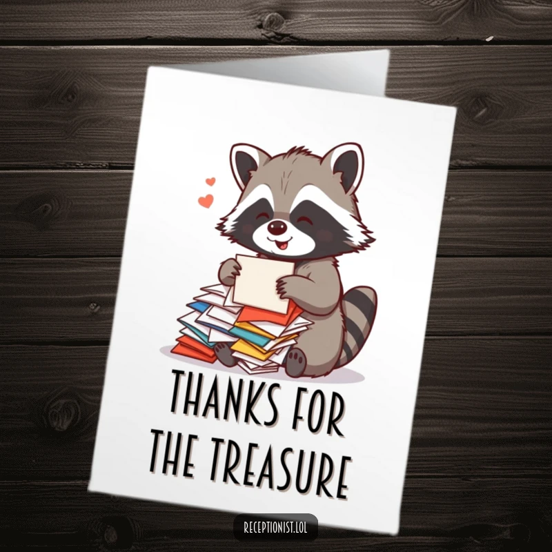 Funny Free Printable Thank You Card: A playful raccoon sorts colorful mail with a cheerful hum, expressing thanks.