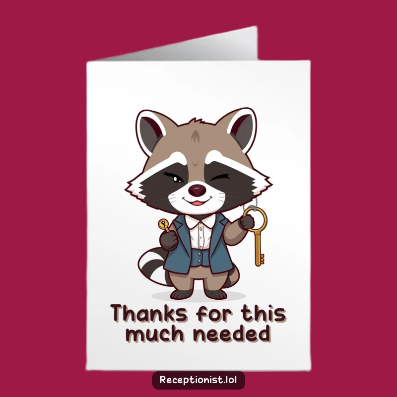 Free Printable Thank You Card: Raccoon Receptionist Offers Key Thanks with a Sly Wink