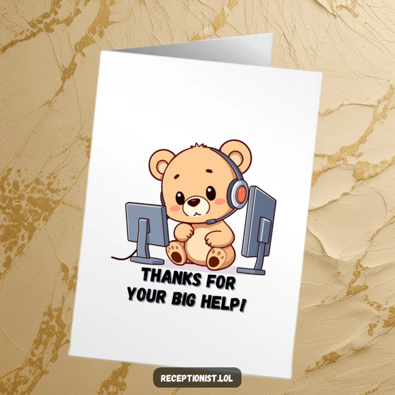 Funny Free Printable Thank You Card: A curious bear cub wearing a headset, pointing at a computer screen, sending thanks.