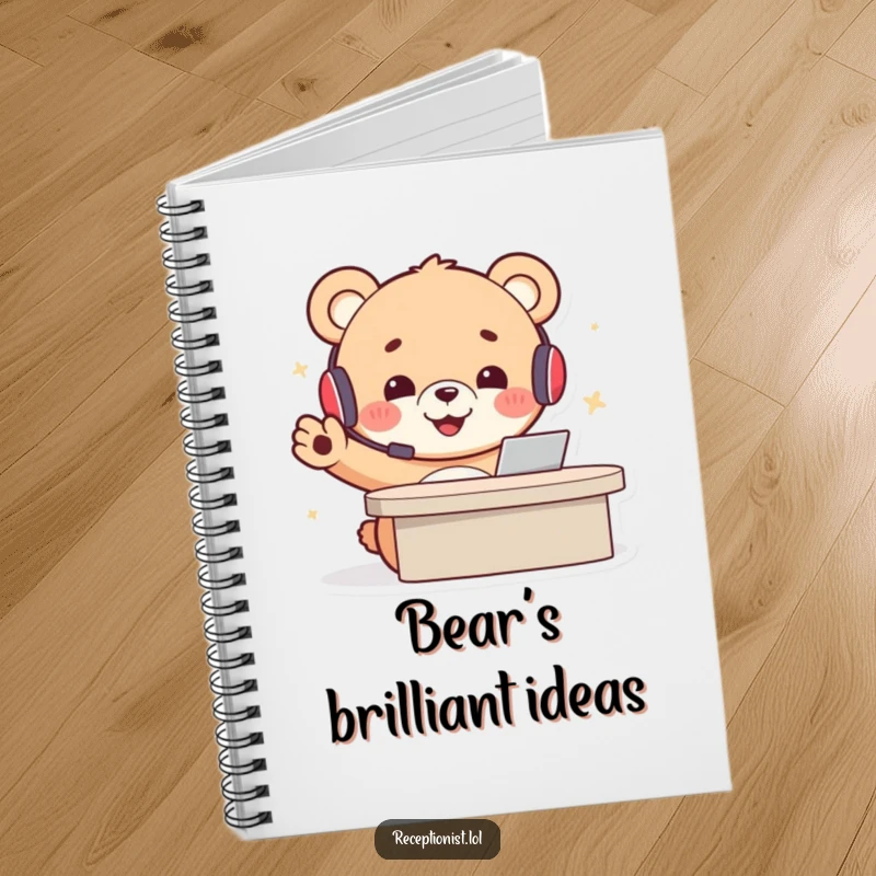 Funny bear receptionist notebook with a cheerful cartoon bear cub in a headset, gesturing welcomingly, perfect for jotting ideas.