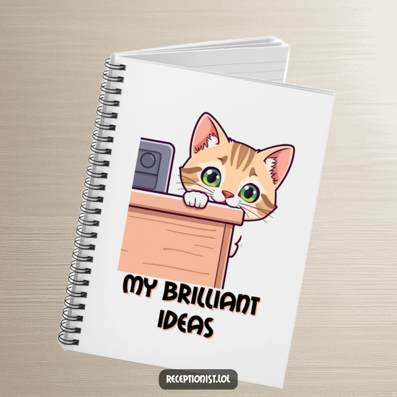 Funny cat notebook with a curious kitten peeking over the edge of a desk, perfect for capturing notes with a humorous twist.