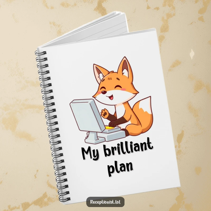 Funny giggling cartoon fox typing at a computer, paw hovering over a button, ruled notebook for notes, humorous stationery.