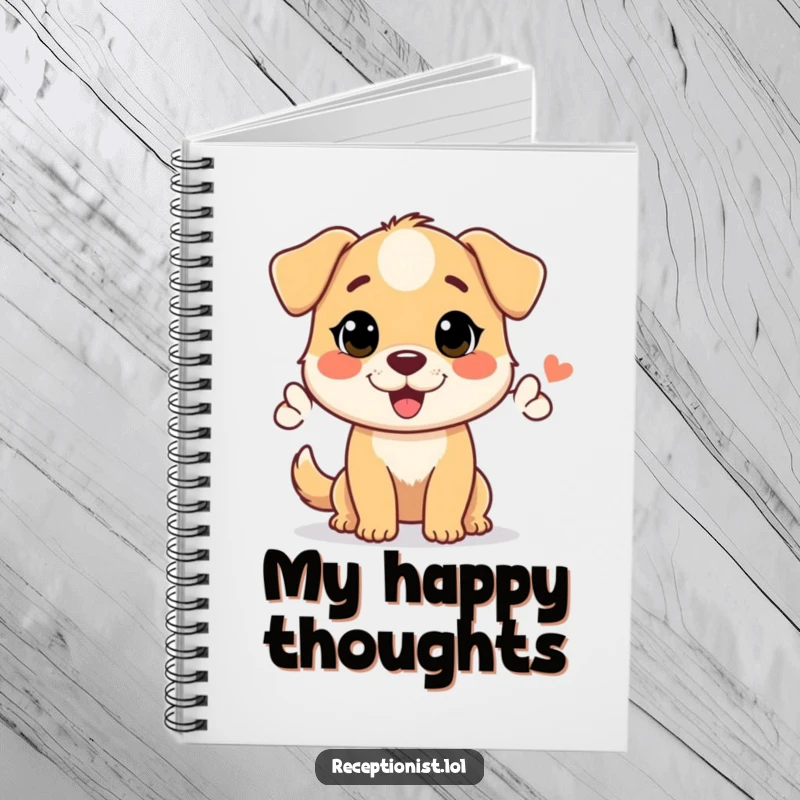 Funny notebook with a helpful dog character offering a welcoming nod, ideal for jotting down notes and ideas.