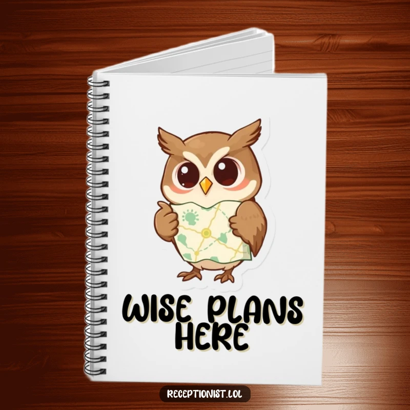 Funny notebook with a curious owl pointing to a map with a wise expression, perfect for journaling adventures and knowledge seeking.
