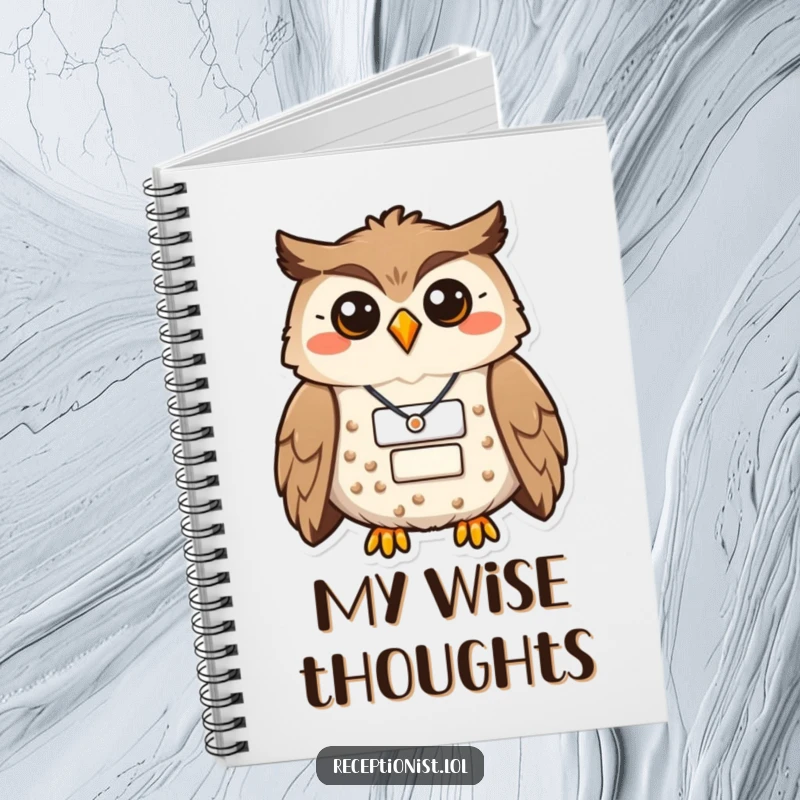 Funny owl notebook with a proud, smiling owl and name badge, encouraging wise thoughts and note-taking.